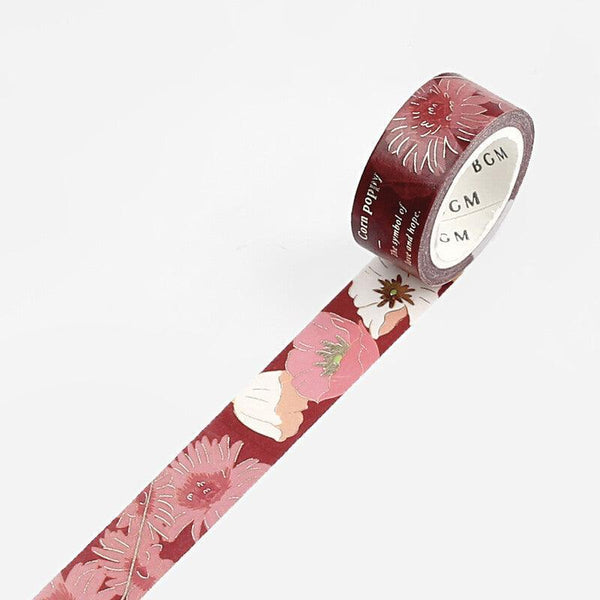 BGM Washi Tape 15mm Foil Stamping - Flower Blossom Maroon | papermindstationery.com | 15mm Washi Tapes, BGM, Flower, Washi Tapes