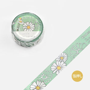 BGM Washi Tape 15mm Foil Stamping - Flower Blossom Daisy Light Green | papermindstationery.com | 15mm Washi Tapes, BGM, Flower, Washi Tapes