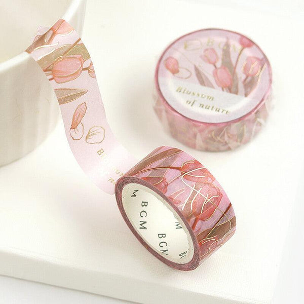 BGM Washi Tape 15mm Foil Stamping - Flower Blossom Tulip Pink | papermindstationery.com | 15mm Washi Tapes, BGM, Flower, Washi Tapes