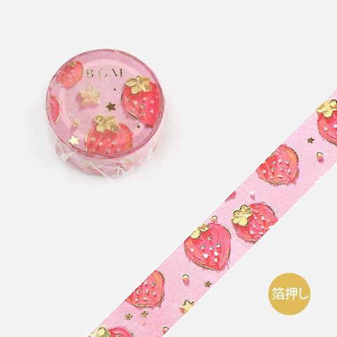 BGM Washi Tape 15mm Masking Tape Foil Stamping - Oil Pastel Strawberry | papermindstationery.com | 15mm Washi Tapes, BGM, Fruit, Washi Tapes