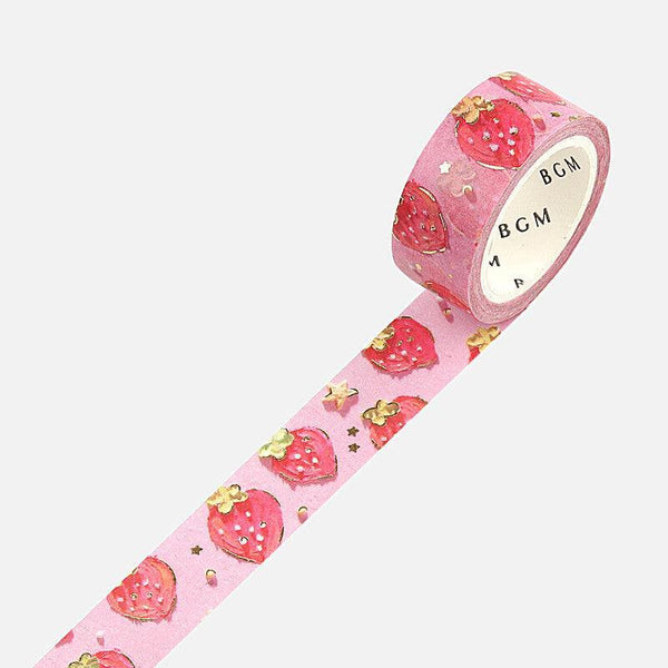 BGM Washi Tape 15mm Masking Tape Foil Stamping - Oil Pastel Strawberry | papermindstationery.com | 15mm Washi Tapes, BGM, Fruit, Washi Tapes