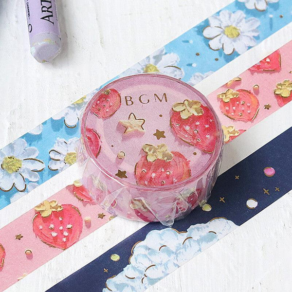 BGM Washi Tape 15mm Masking Tape Foil Stamping - Oil Pastel Strawberry | papermindstationery.com | 15mm Washi Tapes, BGM, Fruit, Washi Tapes