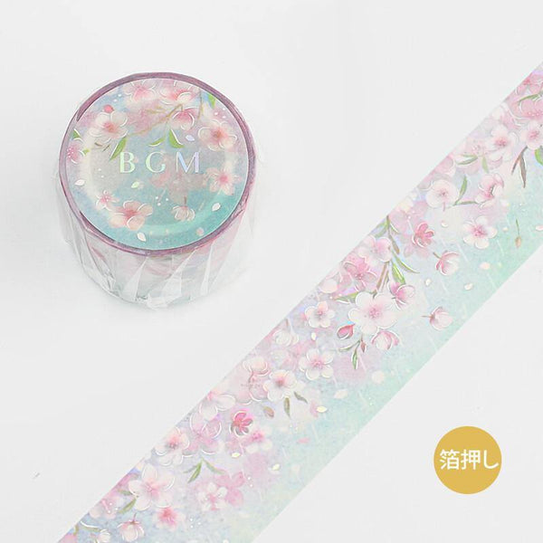 BGM Washi Tape 30mm Foil Stamping - Japanese Cherry Blossom Rain | papermindstationery.com | 30mm Washi Tapes, BGM, Flower, Washi Tapes