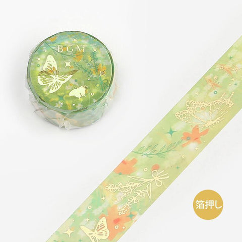 BGM Washi Tape 20mm Masking Tape Foil Stamping - Nature Poetry Butterfly Garden Green | papermindstationery.com | 20mm Washi Tapes, BGM, Flower, Washi Tapes