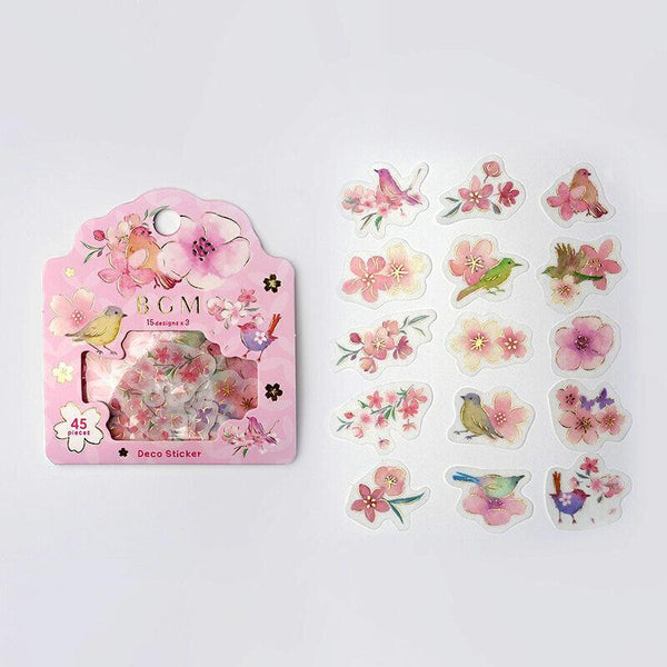 BGM Washi Sticker Flake SEAL Foil Stamping - Pink Flowers & Birds | papermindstationery.com | BGM, Flake Stickers, Flower