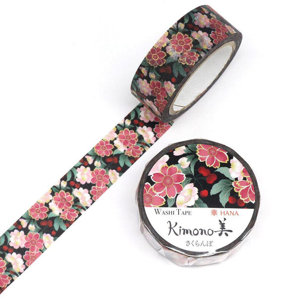 Kamiiso Kimono Washi Tape 15mm Foil Stamping - Cherry Blossom Dark | papermindstationery.com | 15mm Washi Tapes, Flower, Kamiiso, Washi Tapes
