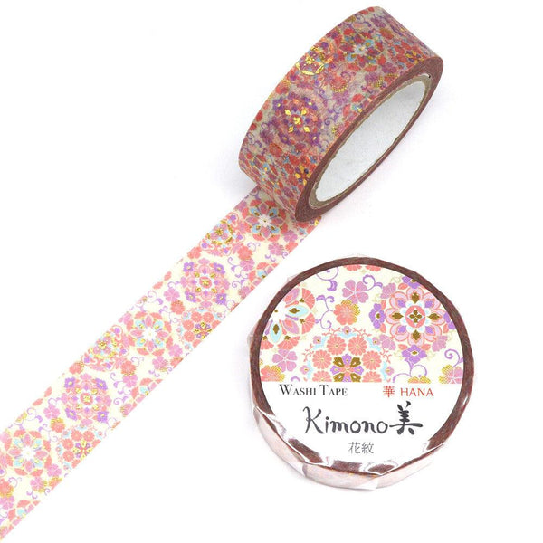 Kamiiso Kimono Washi Tape 15mm Masking Tape Foil Stamping - Pink Floral Pattern | papermindstationery.com | 15mm Washi Tapes, Flower, Kamiiso, Washi Tapes
