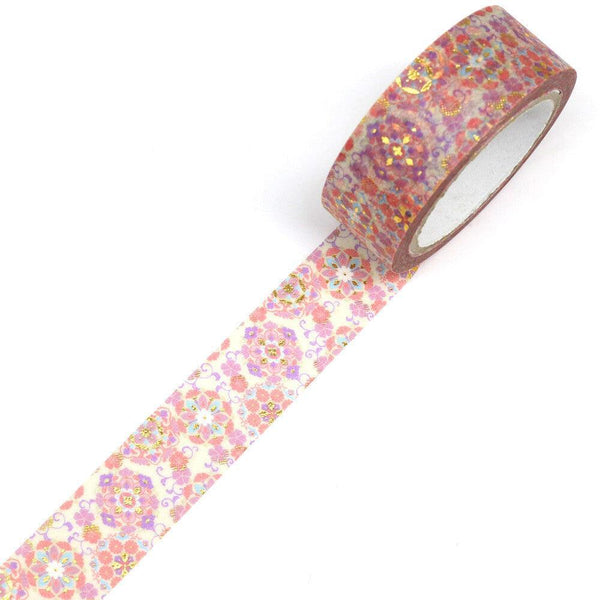 Kamiiso Kimono Washi Tape 15mm Masking Tape Foil Stamping - Pink Floral Pattern | papermindstationery.com