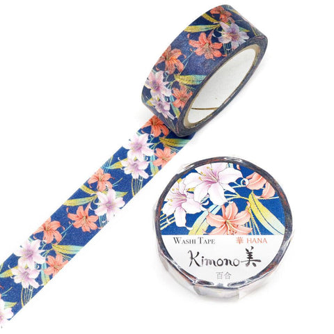 Kamiiso Kimono Washi Tape 15mm Masking Tape Foil Stamping - Pink & Red Lily | papermindstationery.com