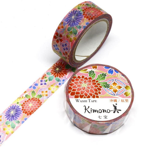 Kamiiso Kimono Washi Tape 15mm Foil Stamping - Okinawa Cloisonne Flower - | papermindstationery.com | 15mm Washi Tapes, Flower, Kamiiso, Washi Tapes