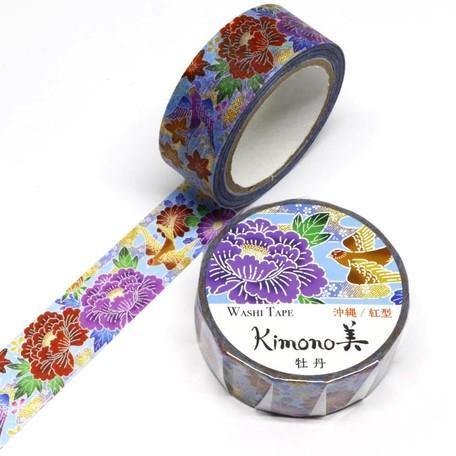 Kamiiso Kimono Washi Tape 15mm Foil Stamping - Okinawa Peony | papermindstationery.com | 15mm Washi Tapes, Flower, Kamiiso, Washi Tapes