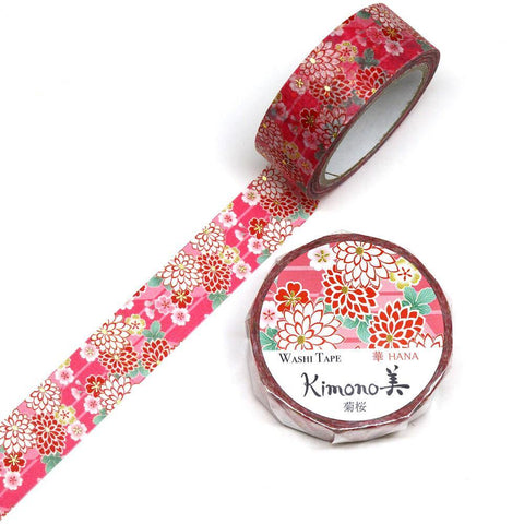 Kamiiso Kimono Washi Tape 15mm Foil Stamping - Chrysanthemum & Cherry Blossom Flower | papermindstationery.com | 15mm Washi Tapes, Flower, Kamiiso, Washi Tapes