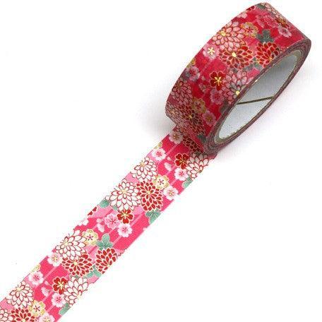 Kamiiso Kimono Washi Tape 15mm Foil Stamping - Chrysanthemum & Cherry Blossom Flower | papermindstationery.com | 15mm Washi Tapes, Flower, Kamiiso, Washi Tapes