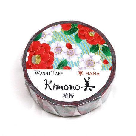 Kamiiso Kimono Washi Tape 15mm Foil Stamping - Camellia & Chery Blossom Flower | papermindstationery.com | 15mm Washi Tapes, Flower, Kamiiso, Washi Tapes