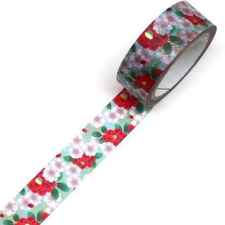 Kamiiso Kimono Washi Tape 15mm Foil Stamping - Camellia & Chery Blossom Flower | papermindstationery.com