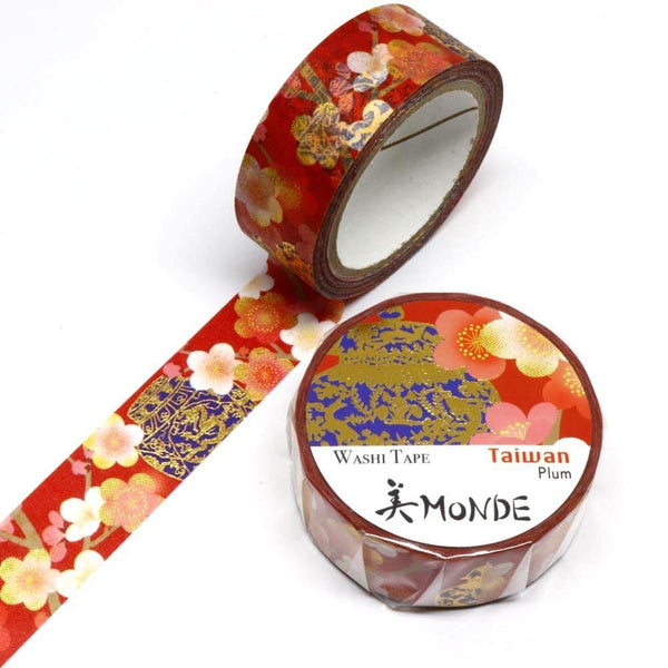 Taiwanese Plum Flower & Cloisonne - Kamiiso Monde Washi Tape 15mm Masking Tape Foil Stamping | papermindstationery.com
