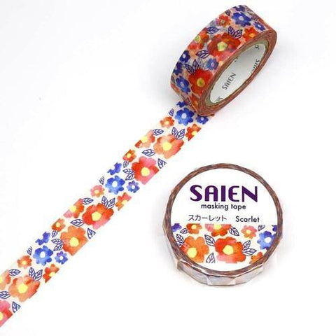 Kamiiso Saien Washi Tape 15mm Masking Tape - Flower Scarlet | papermindstationery.com | 15mm Washi Tapes, Flower, Kamiiso, Washi Tapes