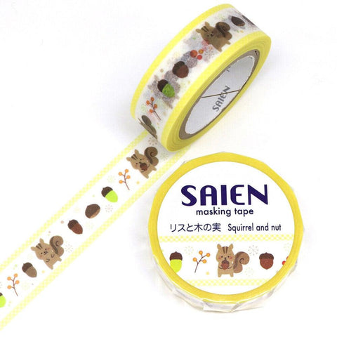 Kamiiso Saien Washi Tape 15mm Masking Tape - Squirrel and Pine Nut | papermindstationery.com | 15mm Washi Tapes, Animal, Kamiiso, Washi Tapes