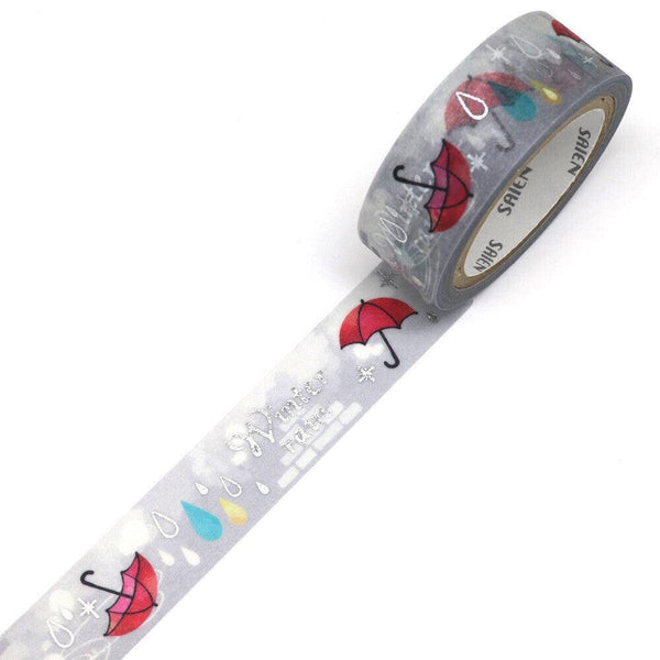 Kamiiso Saien Washi Tape 15mm Foil Stamping - Winter Rain & Umbrella | papermindstationery.com | 15mm Washi Tapes, Kamiiso, Others, Washi Tapes