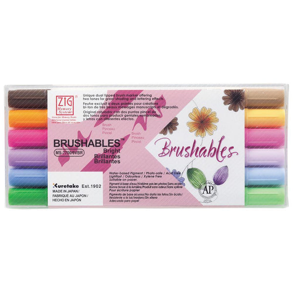 KURETAKE Zig Memory System Brushables Dual Tip Brush Pen Markers Bright 6 color set | papermindstationery.com | Brush Pens, KURETAKE, Markers, Stationery, Writing Tools, zig