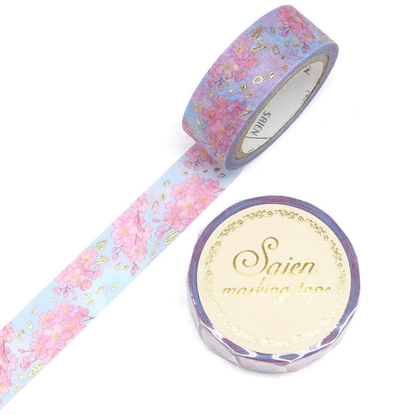 Kamiiso Saien Washi Tape 15mm Masking Tape Foil Stamping - Watercolor Cherry Blossom | papermindstationery.com | 15mm Washi Tapes, Flower, Kamiiso, Washi Tapes