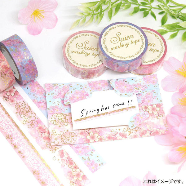 Kamiiso Saien Washi Tape 15mm Masking Tape Foil Stamping - Watercolor Cherry Blossom | papermindstationery.com | 15mm Washi Tapes, Flower, Kamiiso, Washi Tapes